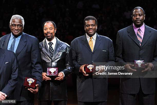 Willis Reed; Walt Frazier, Bernard King and Patrick Ewing attend Knicks Legends Awards ceremony during halftime of the Orlando Magic vs New York...