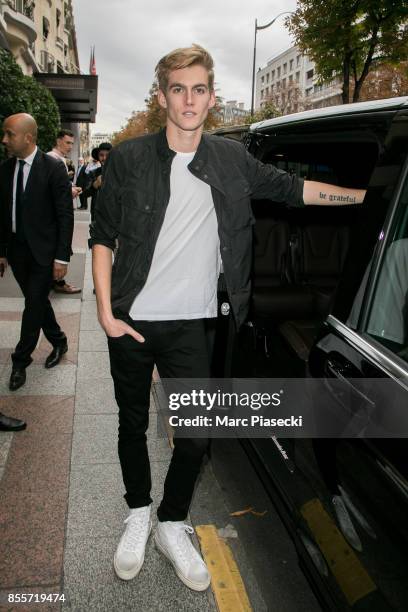 Presley Gerber is seen is seen during Paris Fashion Week dressed down wearing Hogan trainers on September 29, 2017 in Paris, France.