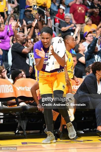 Jantel Lavender of the Los Angeles Sparks reacts during the game against the Minnesota Lynx in Game Three of the 2017 WNBA Finals on September 29,...