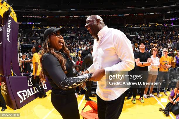 Cynthia Cooper and Magic Johnson during the game between the Los Angeles Sparks and Minnesota Lynx in Game 3 of the 2017 WNBA Finals on September 29,...