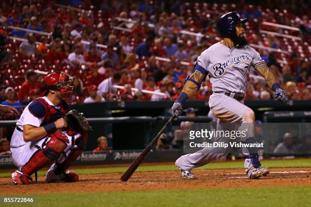 Eric Thames of the Milwaukee Brewers hits an RBI single against the St. Louis Cardinals in the ninth inning at Busch Stadium on September 29, 2017 in...
