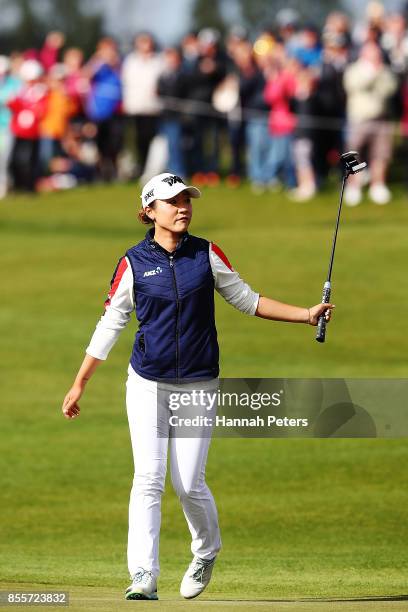 Lydia Ko of New Zealand thanks the crowd after finishing her round during day three of the New Zealand Women's Open at Windross Farm on September 30,...