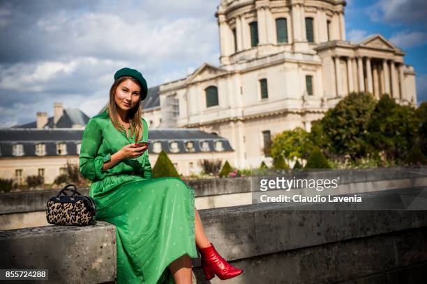 Angelica Ardasheva is seen after the Nina Ricci show at the Hotel National des Invalides during Paris Fashion Week Womenswear SS18 on September 29,...