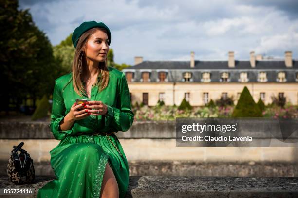 Angelica Ardasheva is seen after the Nina Ricci show at the Hotel National des Invalides during Paris Fashion Week Womenswear SS18 on September 29,...