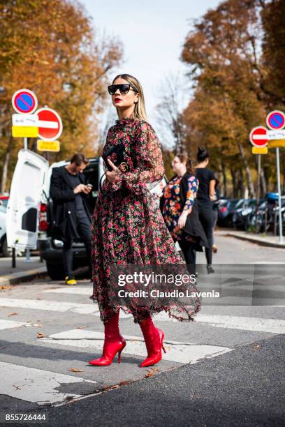 Thassia Naves is seen before the Issey Miyake show at the Grand Palais during Paris Fashion Week Womenswear SS18 on September 29, 2017 in Paris,...