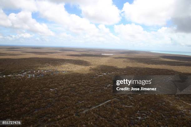 Aerial view of the Codrington lagoon September 22, 2017 in Codrington, Antigua and Barbuda. Hurricane Irma inflicted catastrophic damages to the...