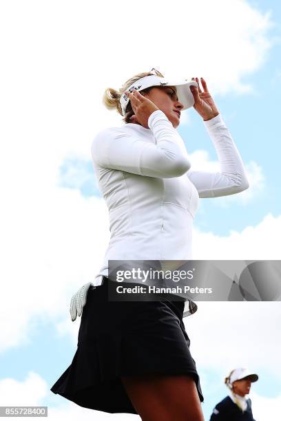 Amy Boulden of Wales walks down the 9th fairway during day three of the New Zealand Women's Open at Windross Farm on September 30, 2017 in Auckland,...