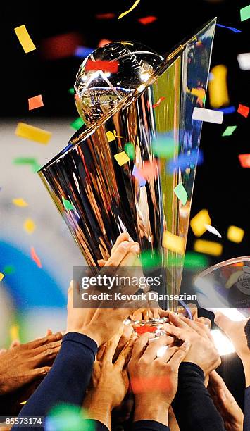 Players of Japan holds up the championship trophy after defeating Korea during the finals of the 2009 World Baseball Classic on March 23, 2009 at...