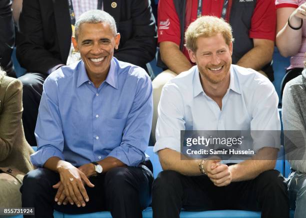 Barack Obama and Prince Harry watch the wheelchair basketball on day 7 of the Invictus Games Toronto 2017 on September 29, 2017 in Toronto, Canada....