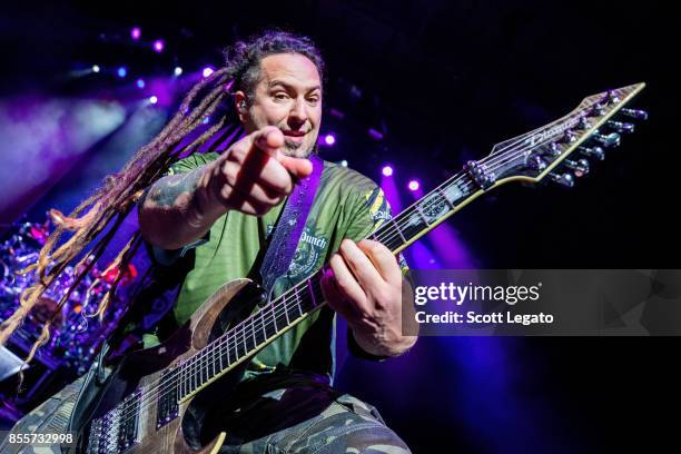 Zoltan Bathory of Five Finger Death Punch performs during Riff Fest at DTE Energy Music Theater on September 29, 2017 in Clarkston, Michigan.