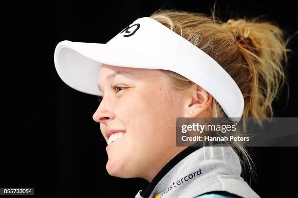 Brooke Henderson of Canada is interviewed during day three of the New Zealand Women's Open at Windross Farm on September 30, 2017 in Auckland, New...