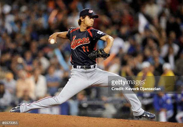 Relief pitcher Yu Darvish of Japan throws a pitch against Korea during the finals of the 2009 World Baseball Classic on March 23, 2009 at Dodger...