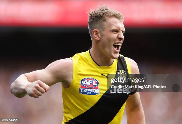 Josh Caddy of the Tigers celebrates a goal during the 2017 AFL Grand Final match between the Adelaide Crows and the Richmond Tigers at Melbourne...