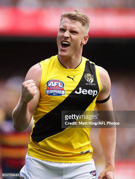 Josh Caddy of the Tigers celebrates a goal during the 2017 AFL Grand Final match between the Adelaide Crows and the Richmond Tigers at Melbourne...
