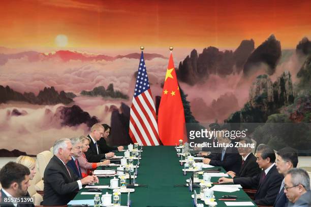 Secretary of State Rex Tillerson meeting with Chinese Foreign Minister Wang Yi at the Great Hall of the People on September 30, 2017 in Beijing,...