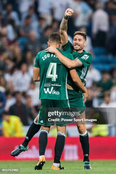 Francisco Javier Garcia Fernandez, Javi Garcia , of Real Betis celebrates with teammate Zouhair Feddal Agharbi of Real Betis during the La Liga...