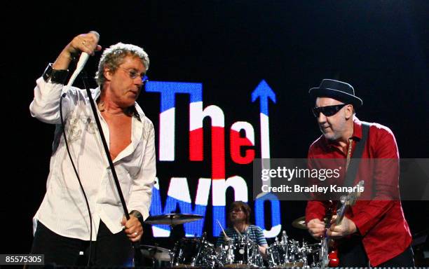 Pete Townshend and Roger Daltrey of The Who perform on stage at the Brisbane Entertainment Centre on March 24, 2009 in Brisbane, Australia.