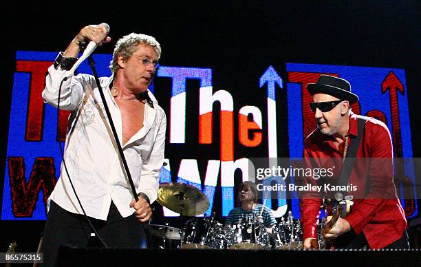 Pete Townshend and Roger Daltrey of The Who perform on stage at the Brisbane Entertainment Centre on March 24, 2009 in Brisbane, Australia.