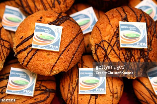 Cake with the official logo of the Women's World Cup 2011 is seen after the inspection by organising committee of FIFA at the BayArena on March 24,...