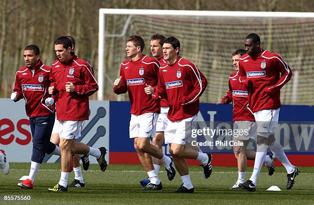 Aaron Lennon, Stewart Downing, Steven Gerrard, Phil Jagielka, Gareth Barry, Leighton Baines and Emile Heskey of England take part in an England...