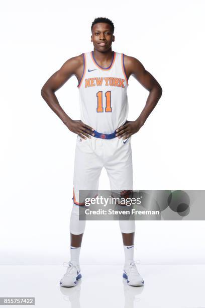 September 25: Frank Ntilikina of the New York Knicks poses for a portrait during Media Day on September 25, 2017 at the Knicks Practice Center in...