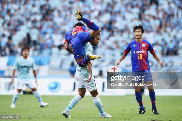 Sei Muroya of FC Tokyo and Kengo Kawamata of Jubilo Iwata compete for the ball during the J.League J1 match between FC Tokyo and Jubilo Iwata at...