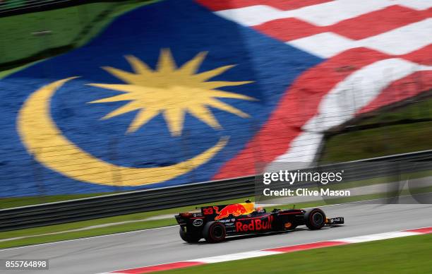 Max Verstappen of the Netherlands driving the Red Bull Racing Red Bull-TAG Heuer RB13 TAG Heuer on track during final practice for the Malaysia...