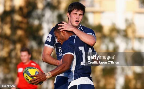 Qld Country's Filipo Daugunu scores a try during the round five NRC match between Queensland Country and Melbourne at Bond University on September...