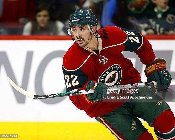 Cal Clutterbuck of the Minnesota Wild skates in warmups before a game against the Edmonton Oilers on March 22, 2009 at the Xcel Energy Center in St....