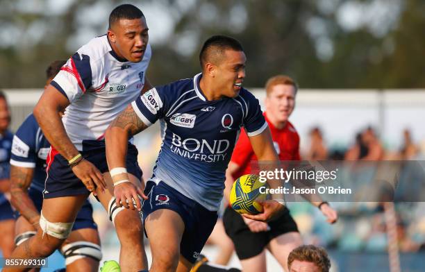 Qld Country's Duncan Paia Aua scores a try during the round five2 NRC match between Queensland Country and Melbourne at Bond University on September...