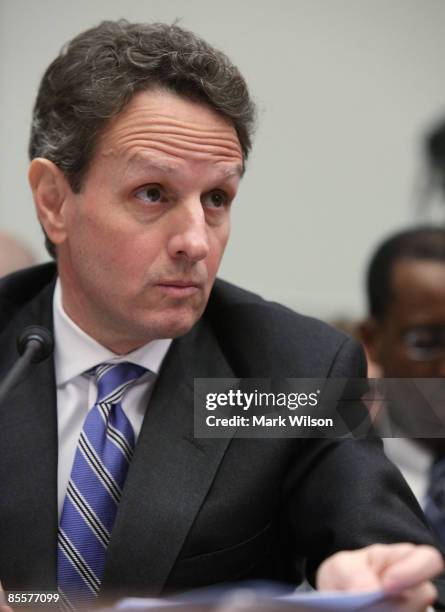 Treasury Secretary Timothy Geithner testifies during a House Financial Services Committee hearing on Capitol Hill on March 24, 2009 in Washington,...