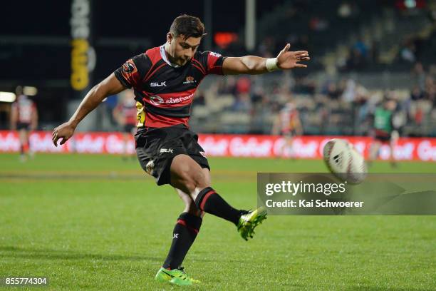 Richie Mo'unga of Canterbury kicks a conversion during the round seven Mitre 10 Cup match between Canterbury and Waikato on September 30, 2017 in...