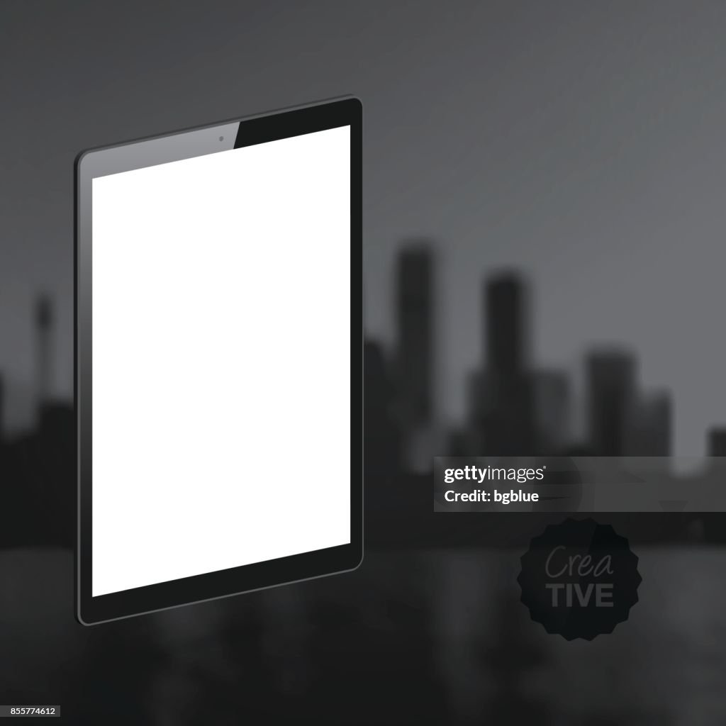 Tablet Pc isolated on city skyline in black and white - Isometric Tablet Pc Template