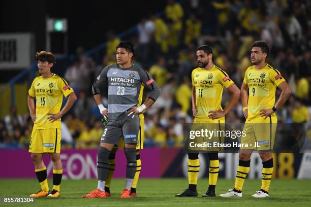 Kim Bo Kyung, Kosuke Nakamura, Diego Oliveira and Cristiano of Kashiwa Reysol show dejection after the 0-1 defeat in the J.League J1 match between...