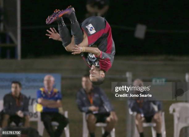 Adrian Zahra of Heidelberg United FC celebrates his goal during the National Premier Leagues Grand Final match between the Brisbane Strikers and...