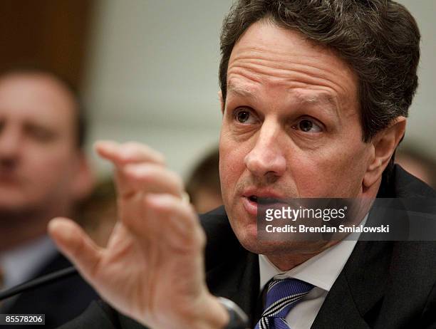 Secretary of the Treasury Timothy F. Geithner speaks during a hearing of the House Financial Services Committee on Capitol Hill March 24, 2009 in...