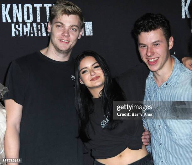 Actor Levi Meaden, actress Ariel Winter and actor Nolan Gould attend Knott's Scary Farm and Instagram's Celebrity Night at Knott's Berry Farm on...
