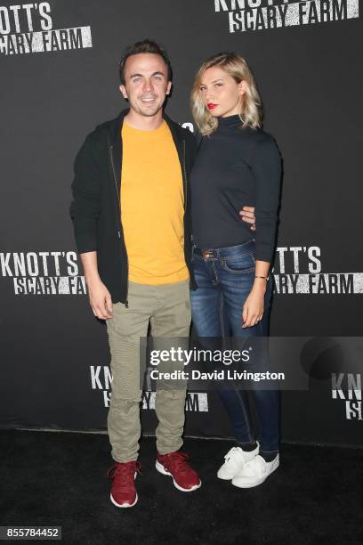 Frankie Muniz and Paige Price attend the Knott's Scary Farm and Instagram's Celebrity Night at Knott's Berry Farm on September 29, 2017 in Buena...