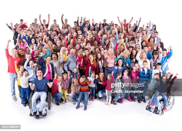 high angle view of large group of cheerful people with raised arms. - people looking down at camera stock pictures, royalty-free photos & images