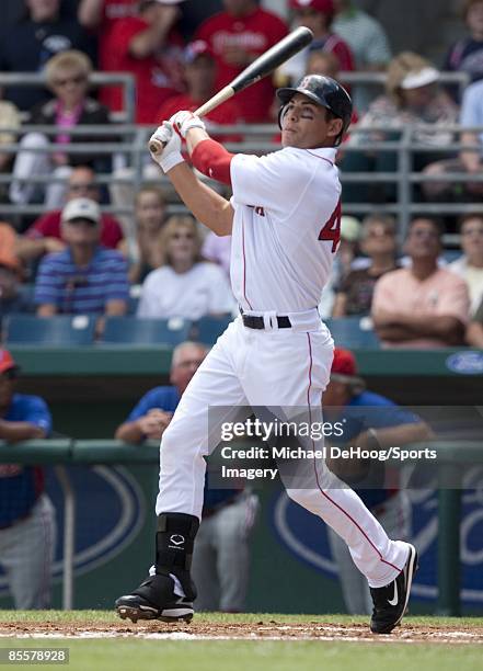 Jacoby Ellsbury of the Boston Red Sox bats during a spring training game against the Philadelphia Phillies at City of Palms Park on March 22, 2009 in...