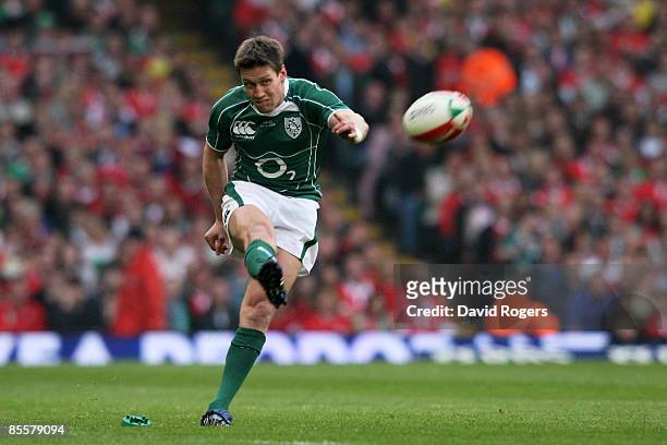 Ronan O'Gara of Ireland kicks at goal during the RBS 6 Nations Championship match between Wales and Ireland at the Millennium Stadium on March 21,...