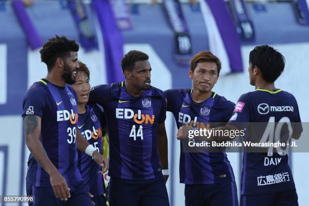 Anderson Lopes of Sanfrecce Hiroshima celebrates scoring the opening goal with his team mates during the J.League J1 match between Sanfrecce...