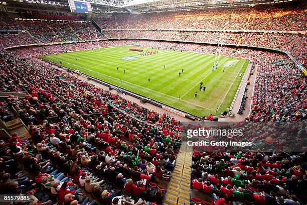 General view of the stadium during the RBS 6 Nations Championship match between Wales and Ireland at the Millennium Stadium on March 21, 2009 in...