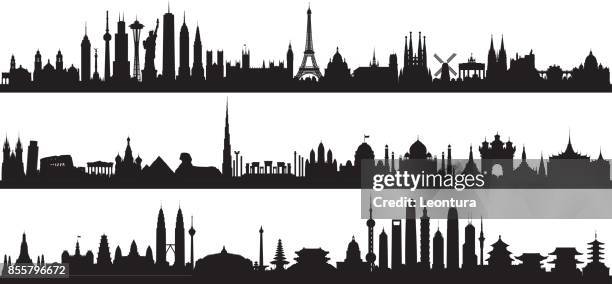 world skyline (all buildings are complete and moveable) - statue of liberty vector outline stock illustrations