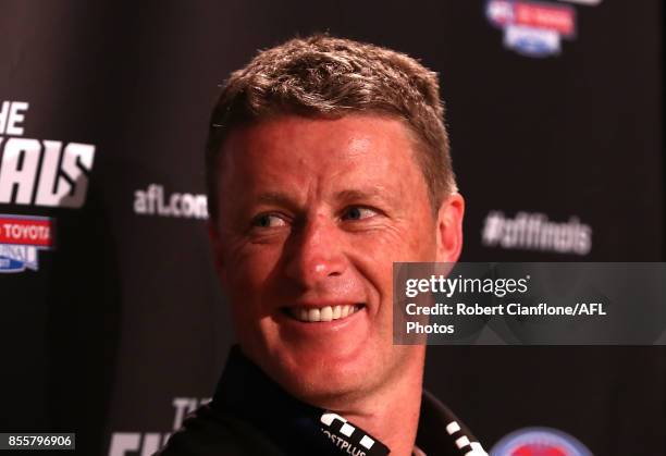 Tigers coach Damien Hardwick speaks to the media during a press conference after the 2017 AFL Grand Final match between the Adelaide Crows and the...