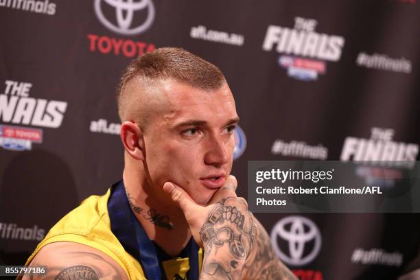 Dustin Martin of the Tigers speaks to the media during a press conference after the 2017 AFL Grand Final match between the Adelaide Crows and the...