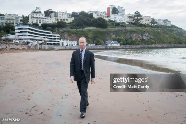 Newly elected UKIP leader Henry Bolton walks on the beach following morning TV interviews at their autumn conference on September 30, 2017 in...