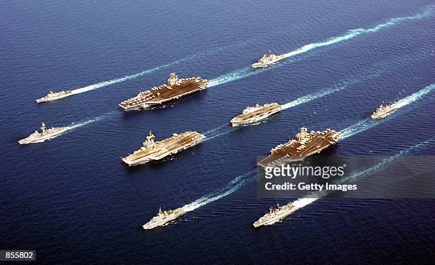 Naval vessels from five nations ITS Maestrale, FS De Grasse, USS John C. Stennis, USS Port Royal, FS Charles de Gaulle, HMS Ocean, FS Surcouf, USS...