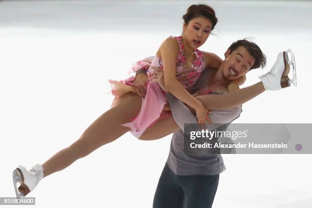 Kana Muramoto and Chris Reed of Japan performs at the Ice dance free dance skating during the 49. Nebelhorn Trophy 2017 at Eishalle Oberstdorf on...