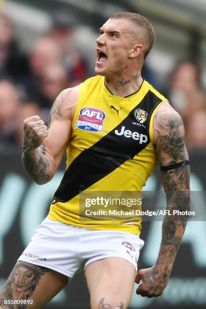 Dustin Martin of the Tigers celebrates a goal during the 2017 AFL Grand Final match between the Adelaide Crows and the Richmond Tigers at Melbourne...